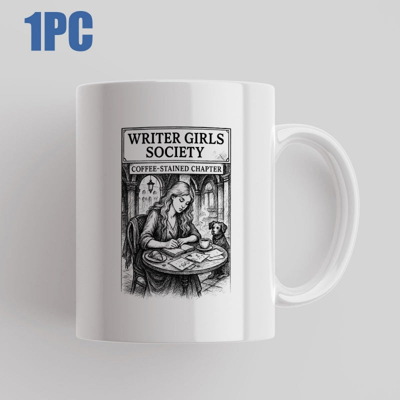 Tailorly White Ceramic 11 oz Mug - Writer Girls Society Coffee Stained Chapter Vintage Sketch Style Illustrating A Lady Writing At Her Desk Writer