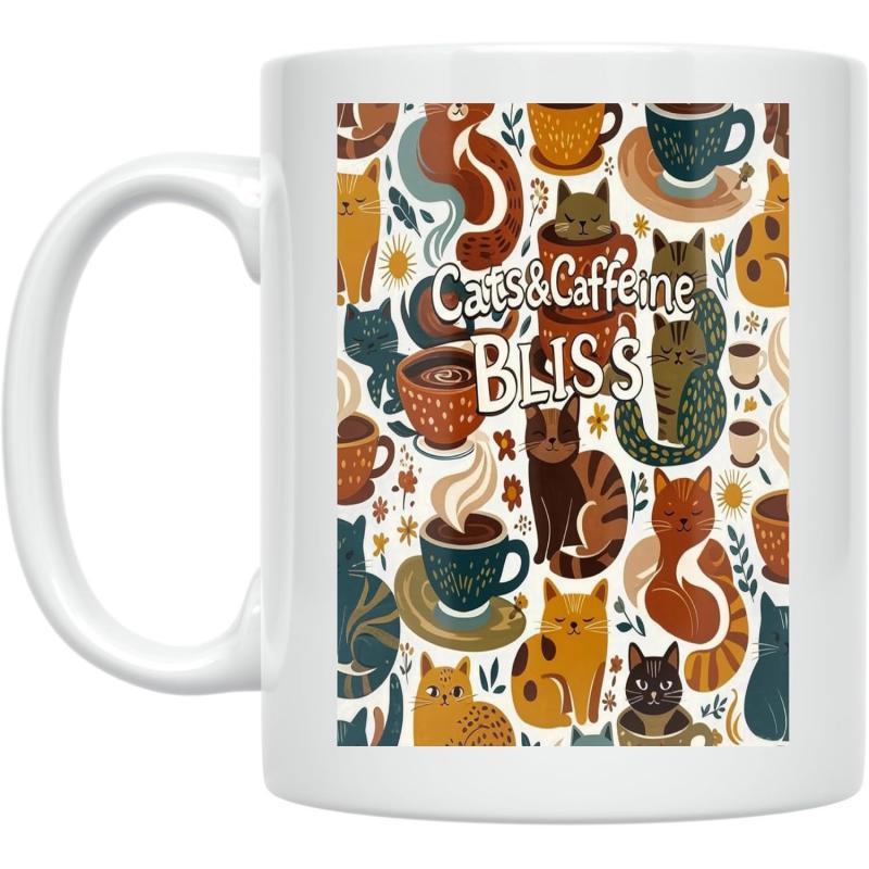 Tailorly White Ceramic 11 oz Mug - Cats Caffeine Bliss Various Adorable Kittens Sitting Among Steaming Cups Of Morning Coffee Cat