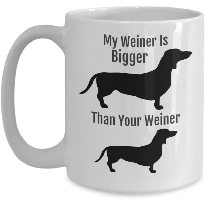 Tailorly White Ceramic 11 oz Mug - My Weiner Is Bigger Than Your Weiner Two Black Dog Silhouettes Representing Different Sizes Dachshund
