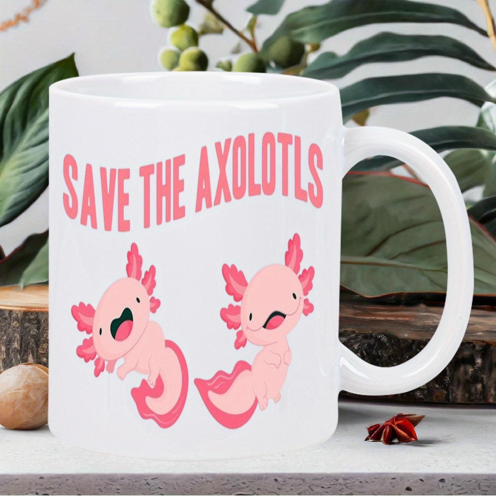 Tailorly White Ceramic 11 oz Mug - Save The Axolotls Two Adorable Pink Cartoon Creatures Swimming With Happy Expressions Axolotl