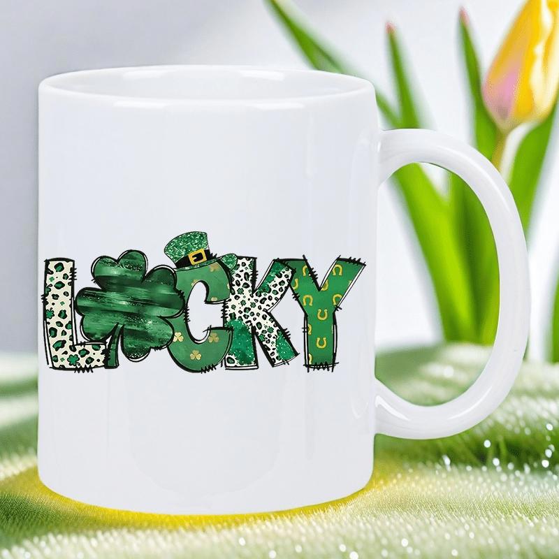 Tailorly White Ceramic 11 oz Mug - Lucky Artistic St Patricks Day Letters Featuring Patterns And Small Leprechaun Hat Art