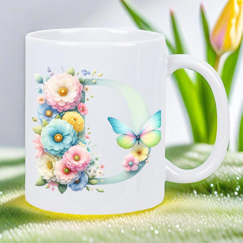 Tailorly White Ceramic 11 oz Mug - D Elegant Floral Arrangement With Pastel Butterfly And Colorful Blooming Flowers Letter