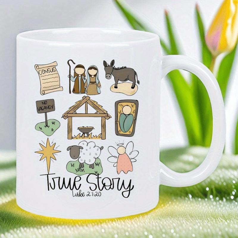 Tailorly White Ceramic 11 oz Mug - True Story Luke 2 Hand Drawn Elements Depicting The Sacred Biblical Christmas Gospel Birth Narrative Nativity Scene