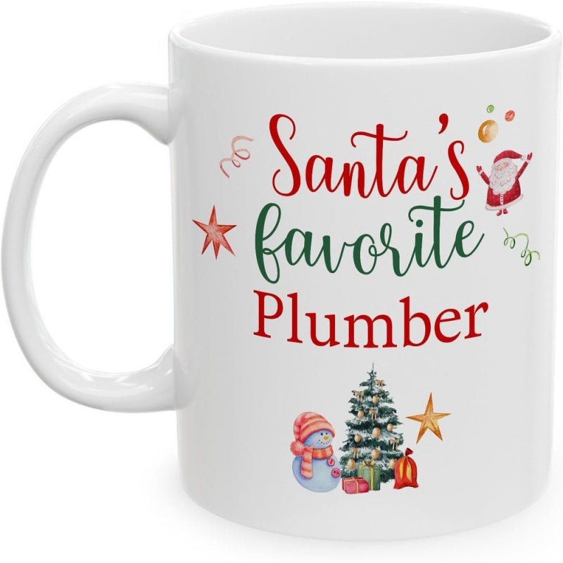Tailorly White Ceramic 11 oz Mug - Santas Favorite Plumber Festive Holiday Scene Featuring A Decorated Green Christmas Tree And Snowman