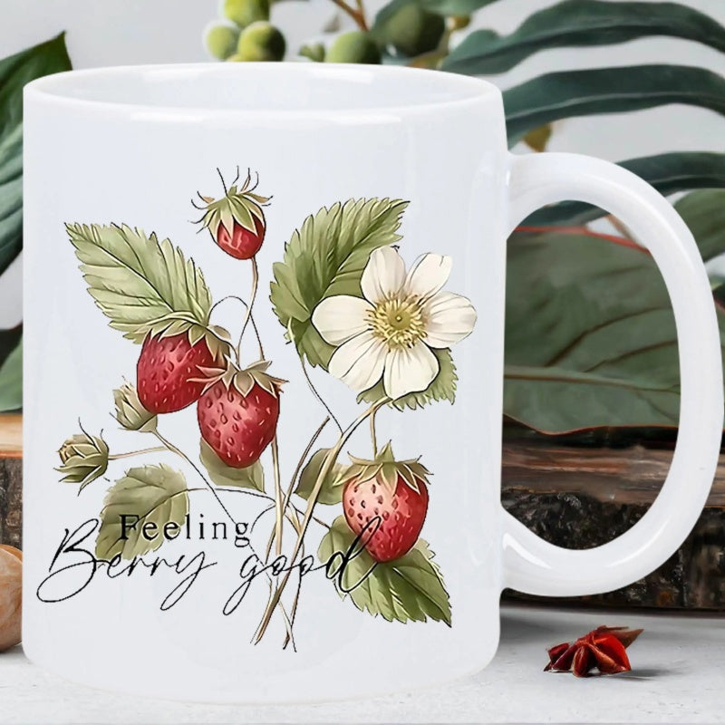 Tailorly White Ceramic 11 oz Mug - Feeling Berry Good Vintage Botanical Illustration Of Strawberry Plant With Red Ripe Strawberry