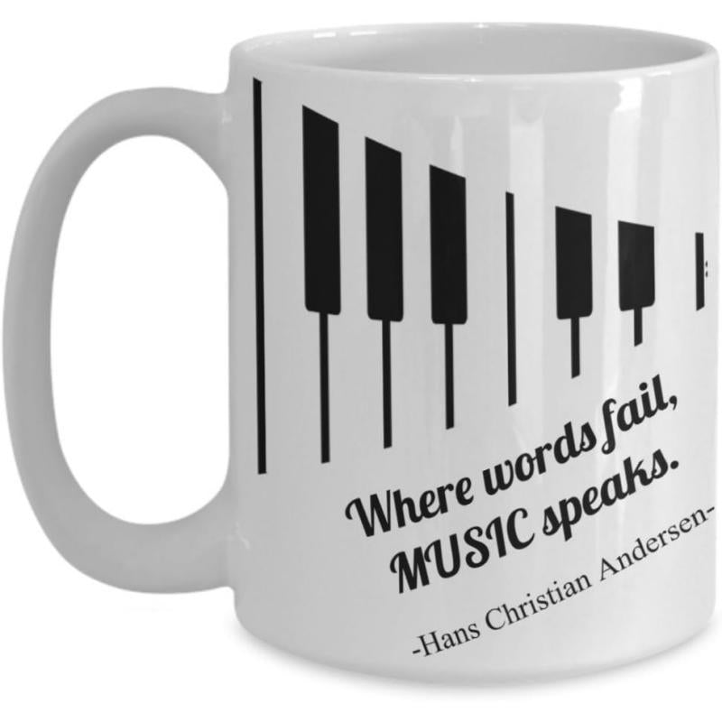 Tailorly White Ceramic 11 oz Mug - Where Words Fail Music Speaks Hans Christian Andersen Abstract Black Keys Aligned In A Minimalist Rhythmic Melodic Piano