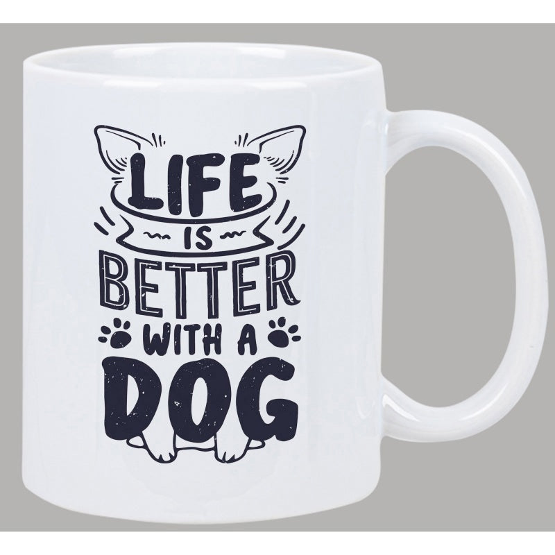 Tailorly White Ceramic 11 oz Mug - Life Is Better With A Dog Minimalist Black Ink Drawing Featuring Cute Ears And Paws Dog