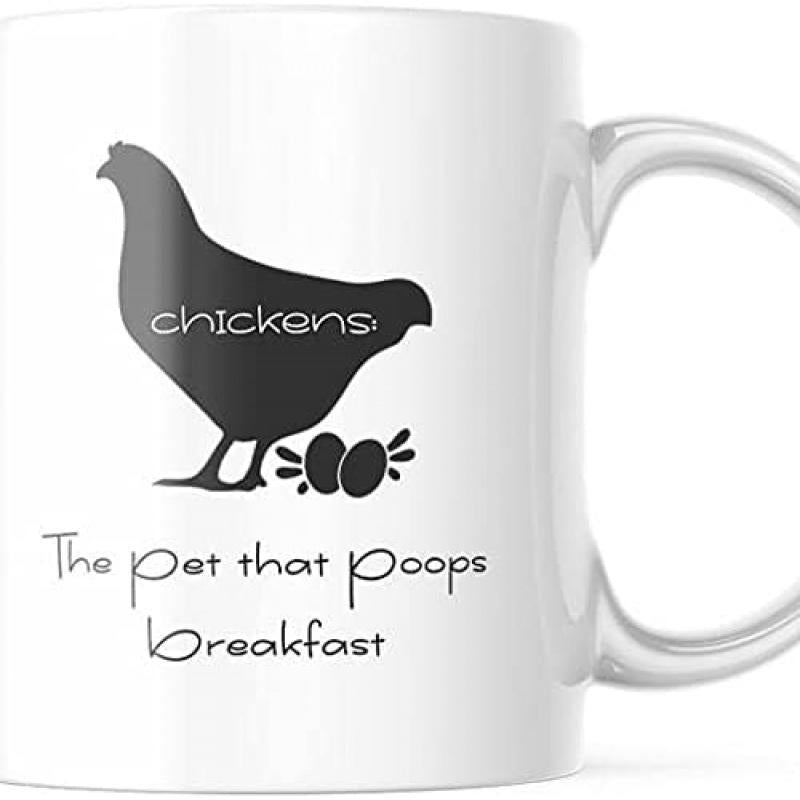 Tailorly White Ceramic 11 oz Mug - Chickens The Pet That Poops Breakfast Simple Black Silhouette Of A Farm Hen Standing Over Fresh Eggs Chicken