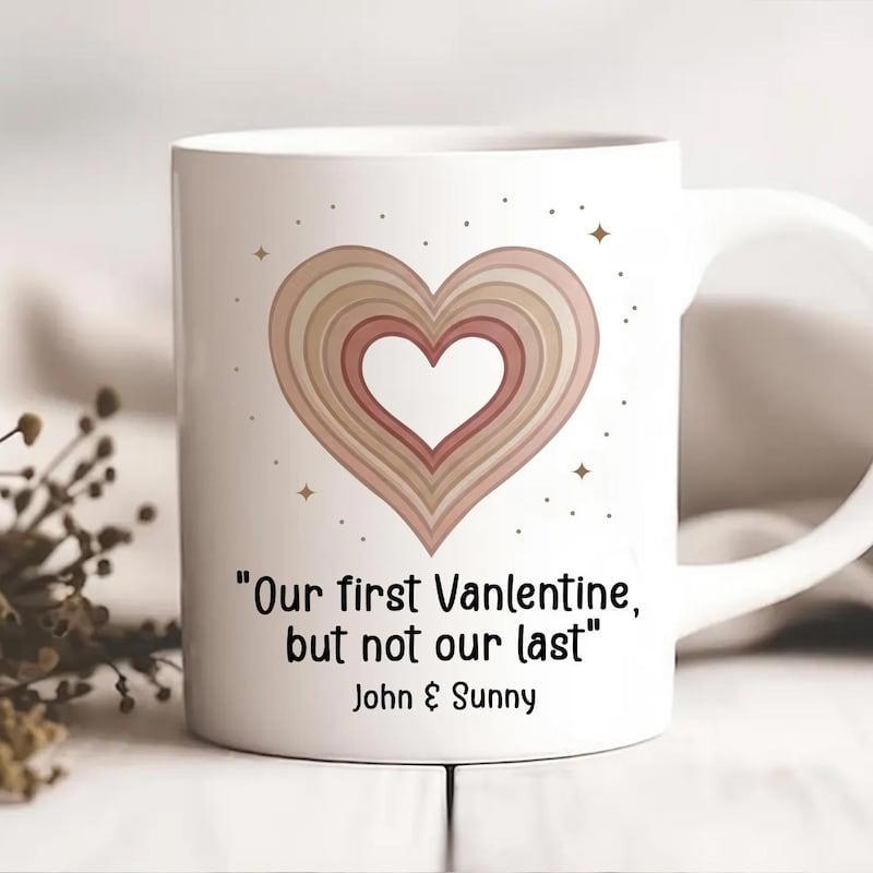 Tailorly White Ceramic 11 oz Mug - Our First Valentine But Not Our Last John Sunny Muted Toned Boho Style Concentric Design With Small Floating Stars Heart