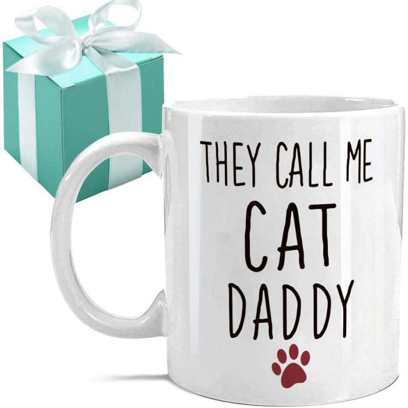 Tailorly White Ceramic 11 oz Mug - They Call Me Cat Daddy Small Minimalist Red Animal Paw Print On Ceramic Surface Paw