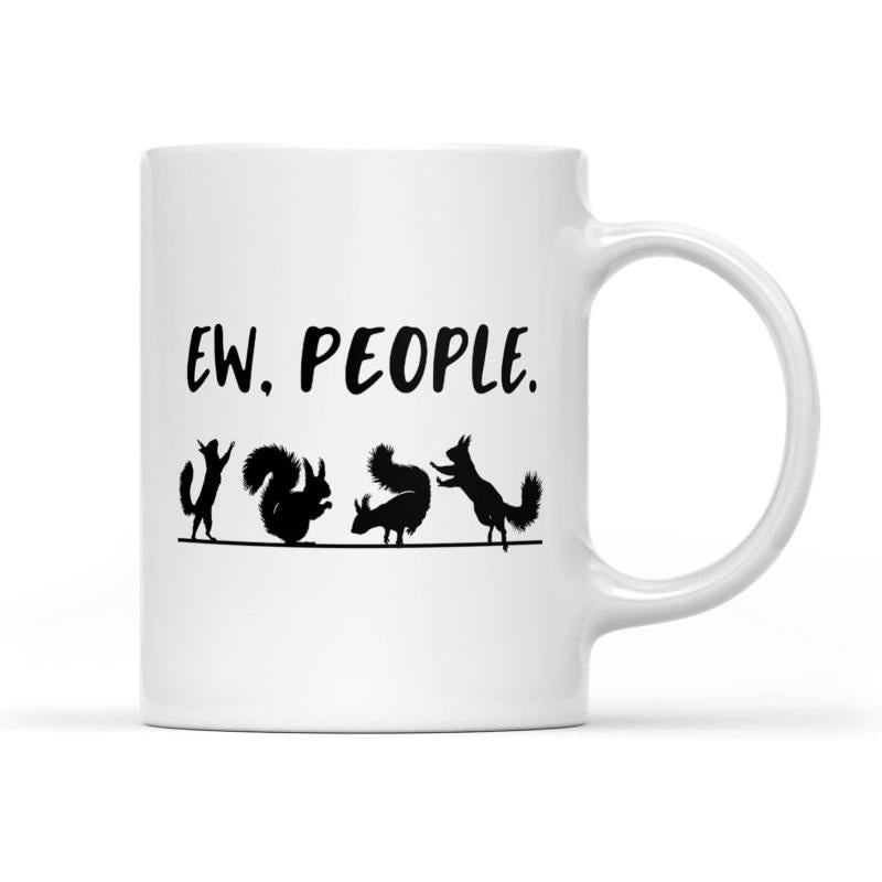 Tailorly White Ceramic 11 oz Mug - Ew People Playful Black Silhouette Poses Standing Along A Thin Line Squirrel