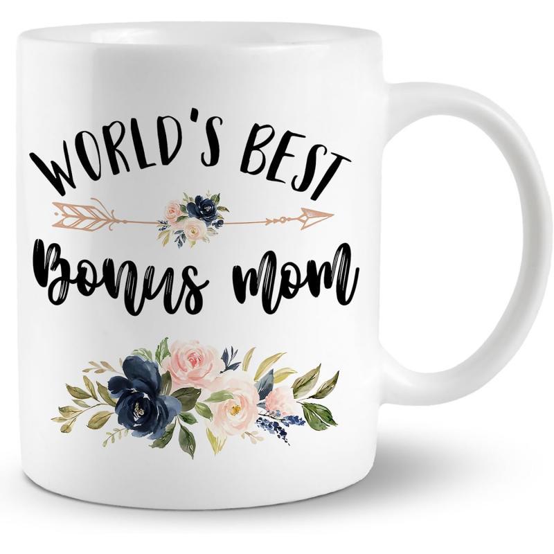 Tailorly White Ceramic 11 oz Mug - Worlds Best Bonus Mom Boho Style Arrow With Delicate Watercolor Floral Blossoms And Green Leaves Mug