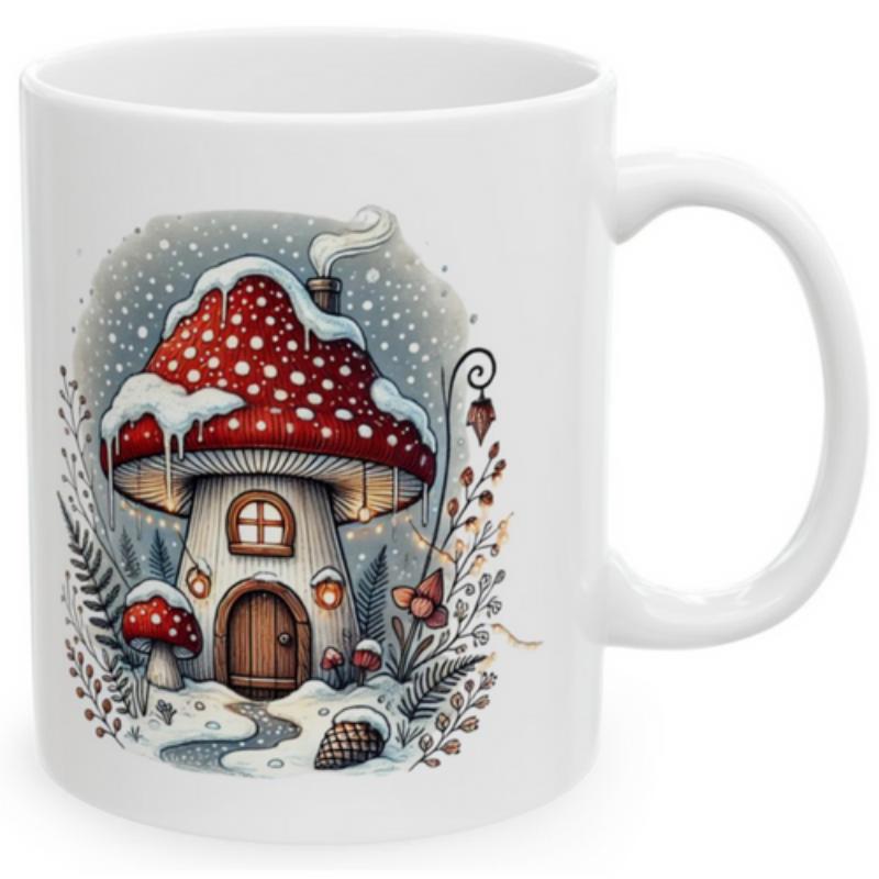 Tailorly White Ceramic 11 oz Mug - Cozy Winter Cottage With Snow Covered Red Spotted Cap Mushroom House