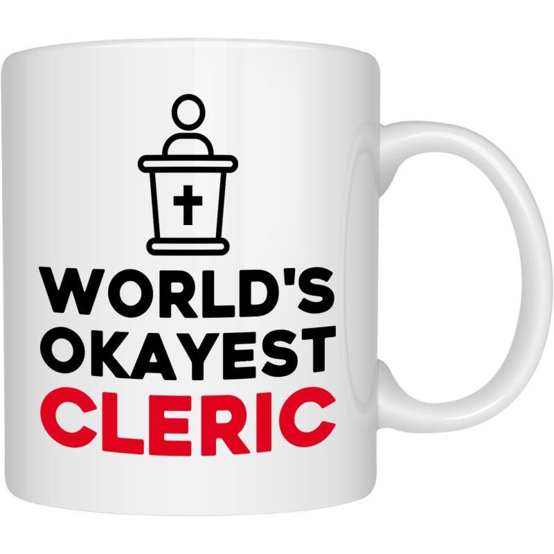 Tailorly White Ceramic 11 oz Mug - Worlds Okayest Cleric Minimalist Religious Icon With A Figure Behind A Sacred Wooden Podium Pulpit