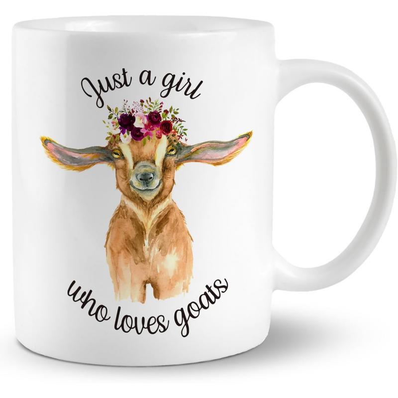 Tailorly White Ceramic 11 oz Mug - Just A Girl Who Loves Goats Floral Crown Wearing Gentle Farm Animal In Soft Watercolor Artistic Style Goat
