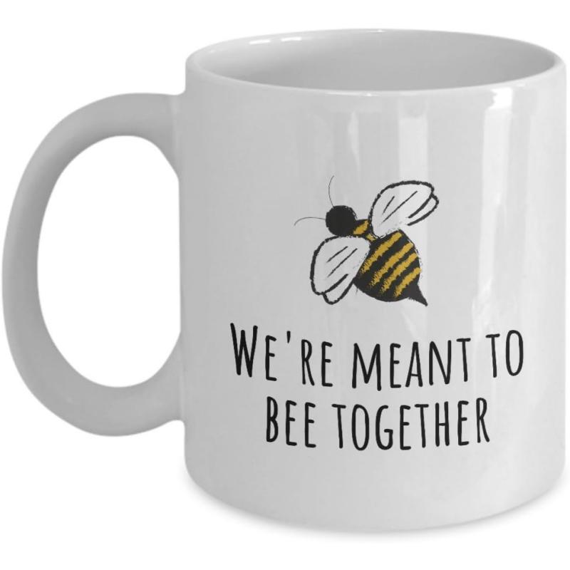 Tailorly White Ceramic 11 oz Mug - Were Meant To Bee Together Simple Hand Drawn Illustration Of A Busy Bumblebee In Flight Bee