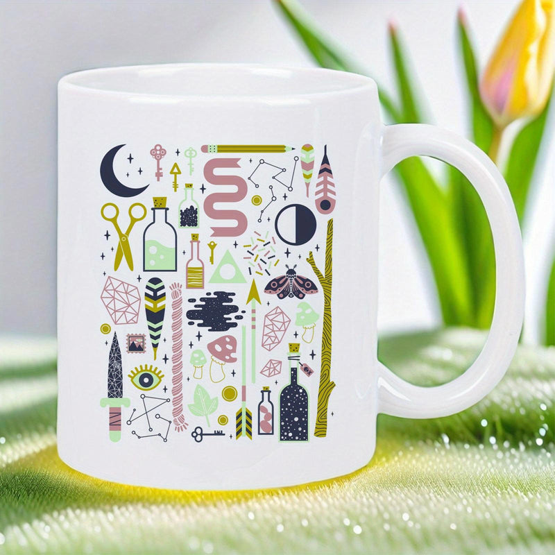 Tailorly White Ceramic 11 oz Mug - Mystical Esoteric Elements Including Crescent Moon Moth And Magic Potion Pattern