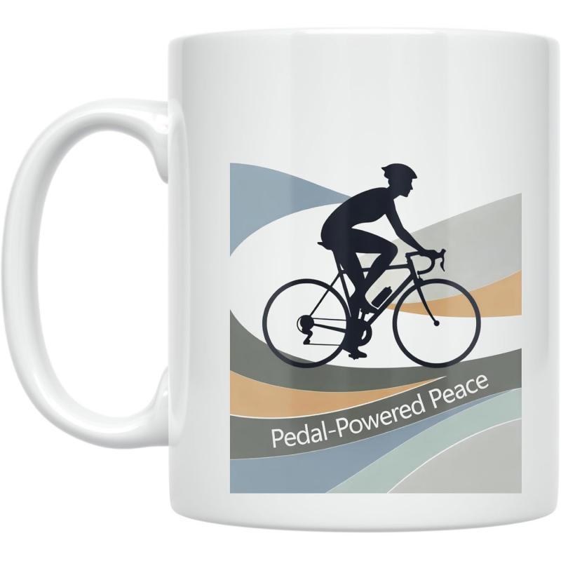 Tailorly White Ceramic 11 oz Mug - Pedal Powered Peace Silhouette Riding Bicycle Across Abstract Flowing Colorful Wavy Hills Landscape Cyclist
