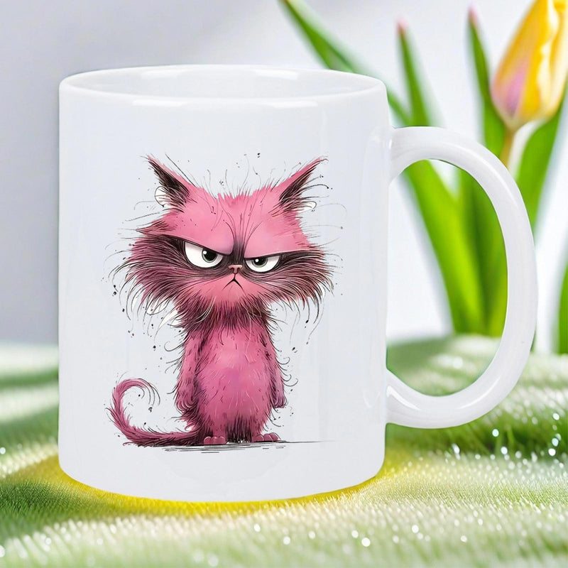 Tailorly White Ceramic 11 oz Mug - Grumpy Pink Furry Animal With Messy Hair And Angry Expression Cat