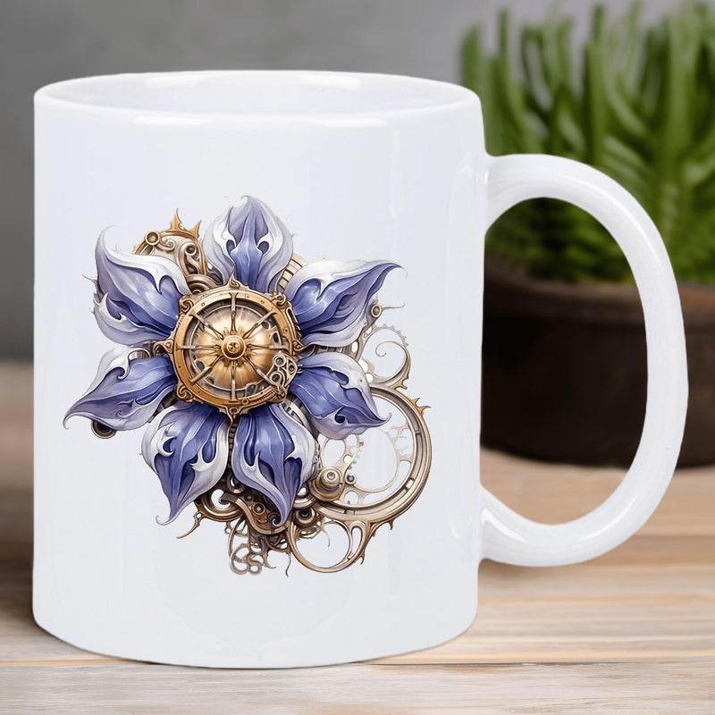 Tailorly White Ceramic 11 oz Mug - Ornate Golden Gear Mechanism Nestled Inside Blue Steampunk Petals Flower
