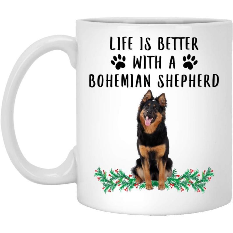 Tailorly White Ceramic 11 oz Mug - Life Is Better With A Bohemian Shepherd Majestic Dog Sitting Peacefully Among Festive Greenery And Small Berries Shepherd