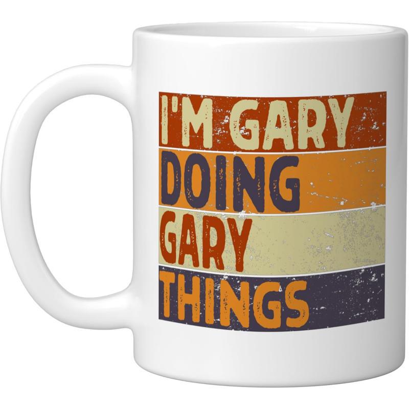 Tailorly White Ceramic 11 oz Mug - I'm Gary Doing Gary Things Distressed Vintage Sunset Background With Multi Colored Horizontal Stripes Mug