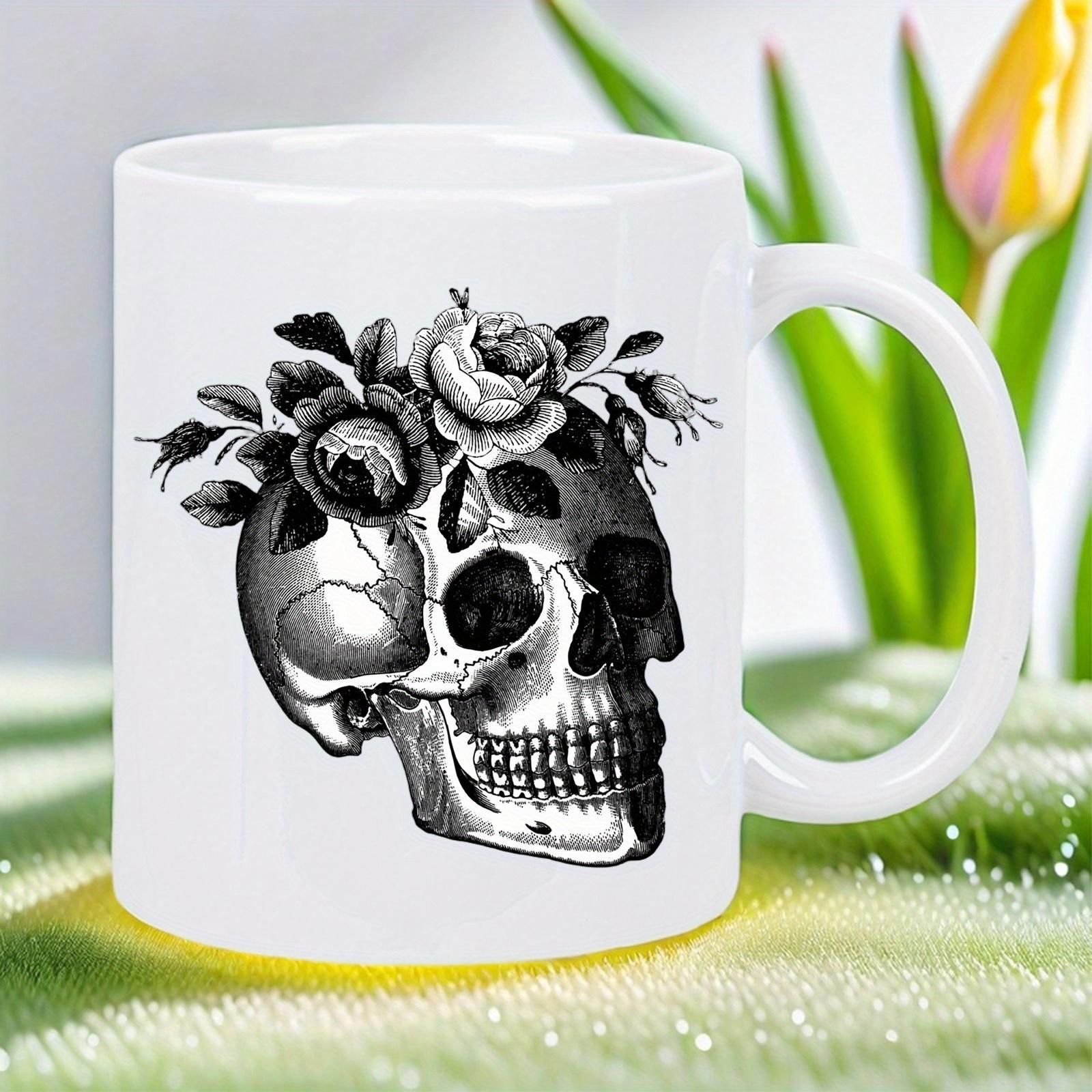 Tailorly White Ceramic 11 oz Mug - Vintage Monochrome Illustration With Elegant Roses Blooming On A Detailed Human Skull