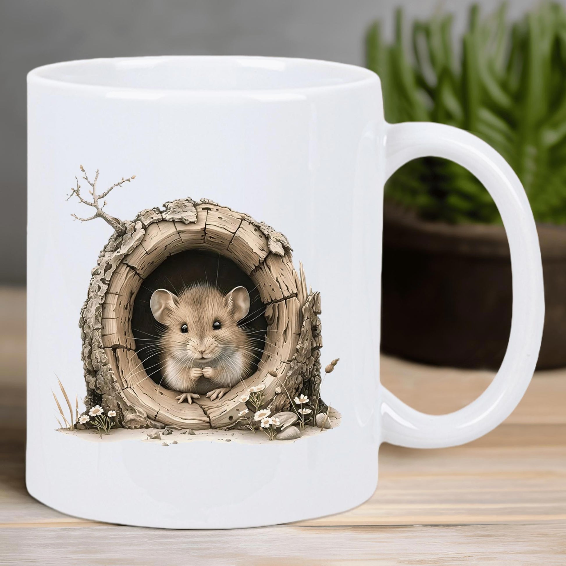 Tailorly White Ceramic 11 oz Mug - Adorable Little Mouse Resting Inside A Weathered Rustic Wooden Hollow Tree Mouse