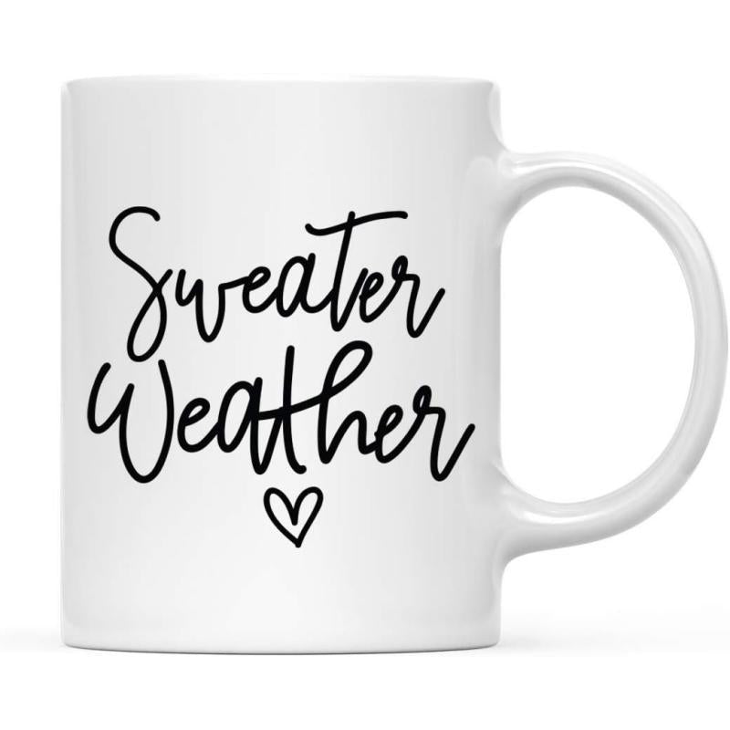 Tailorly White Ceramic 11 oz Mug - Sweater Weather Minimalist White Ceramic With Elegant Black Script Heart Pattern Mug