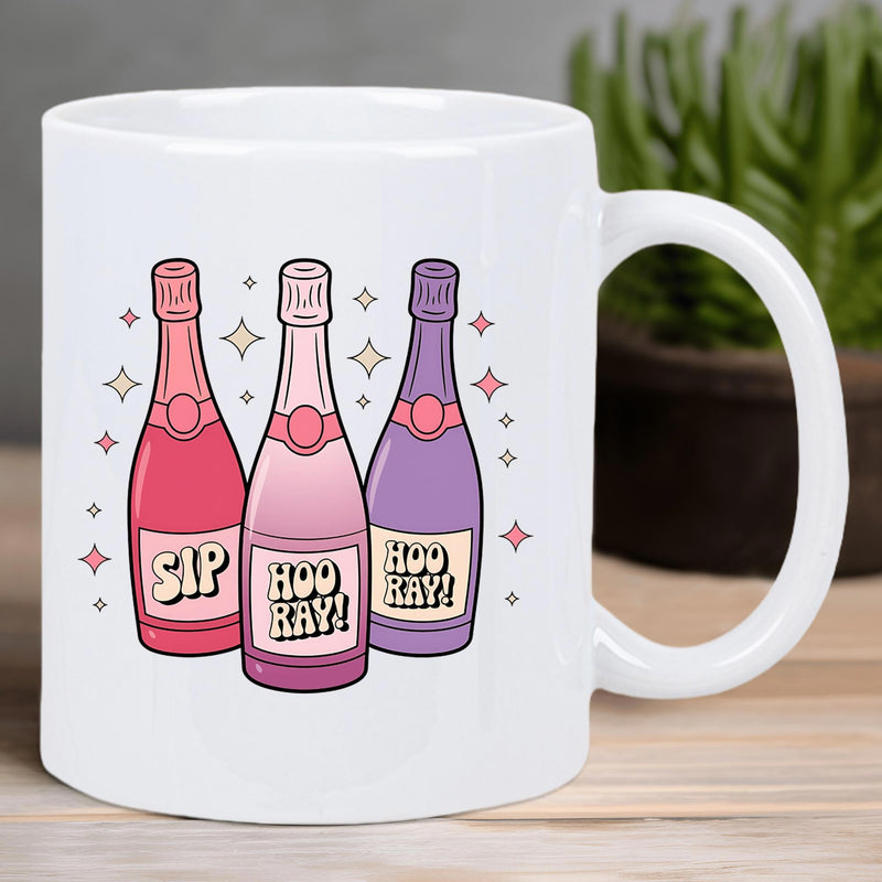 Tailorly White Ceramic 11 oz Mug - Sip Hoo Ray Three Colorful Celebration Bottles With Sparkling Stars And Retro Decorative Elements Bottle