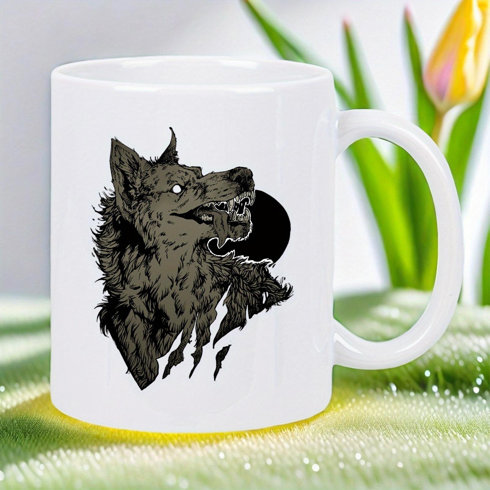 Tailorly White Ceramic 11 oz Mug - Rugged Howling Creature With Dark Silhouette Moon Under Misty Night Shadow Wolf