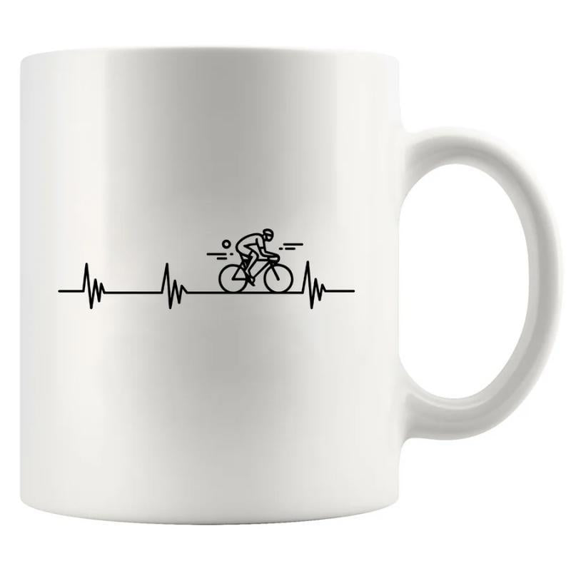 Tailorly White Ceramic 11 oz Mug - Simple Minimalist Black Line Heartbeat Pulse Featuring A Fast Racing Bicycle