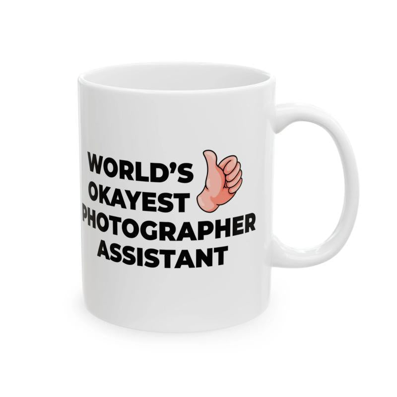 Tailorly White Ceramic 11 oz Mug - World's Okayest Photographer Assistant Friendly Cartoon Hand Gesture With Thumbs Up Symbol Hand