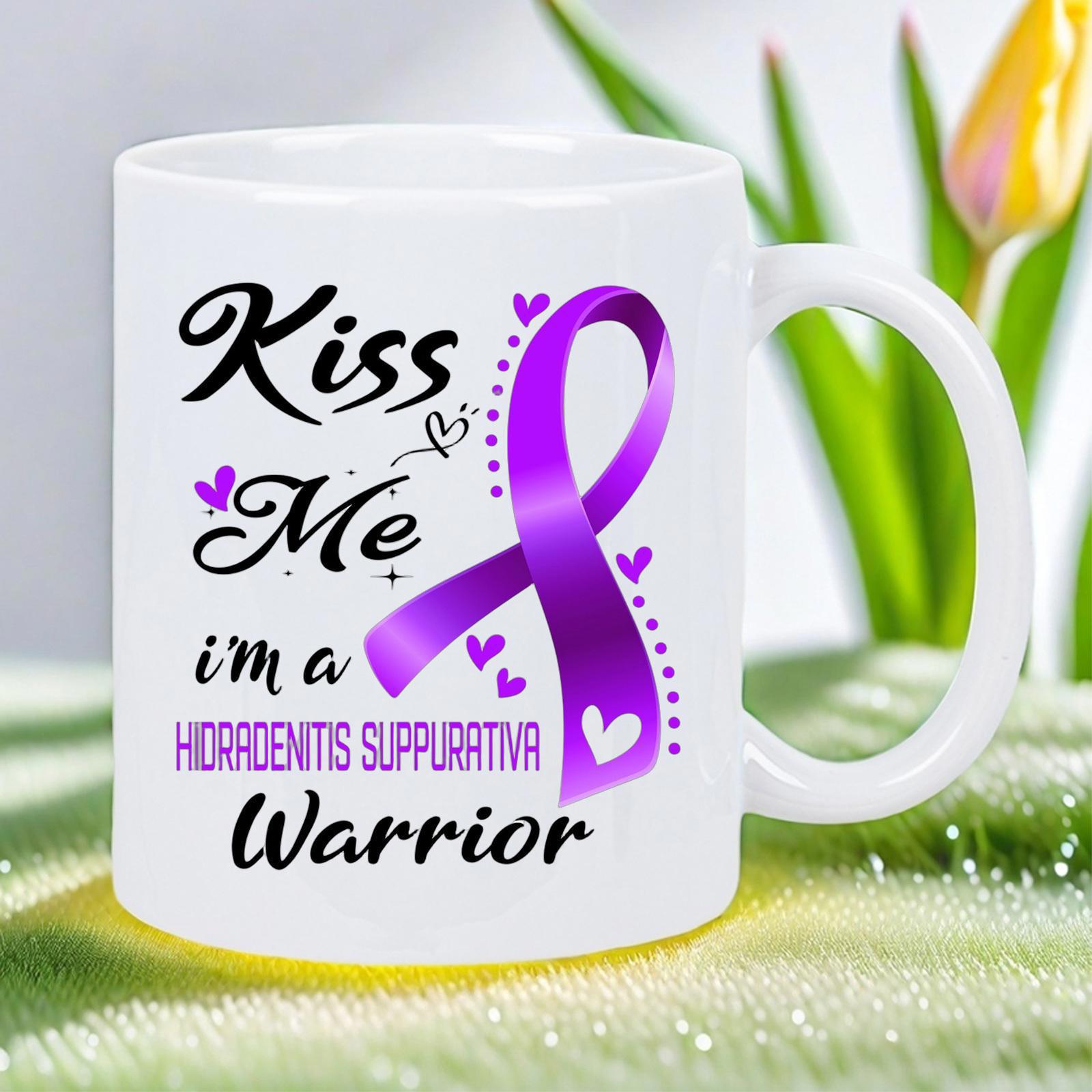 Tailorly White Ceramic 11 oz Mug - Kiss Me Im A Hidradenitis Suppurativa Warrior Elegant Purple Awareness Ribbon With Small Heart Accents Ribbon