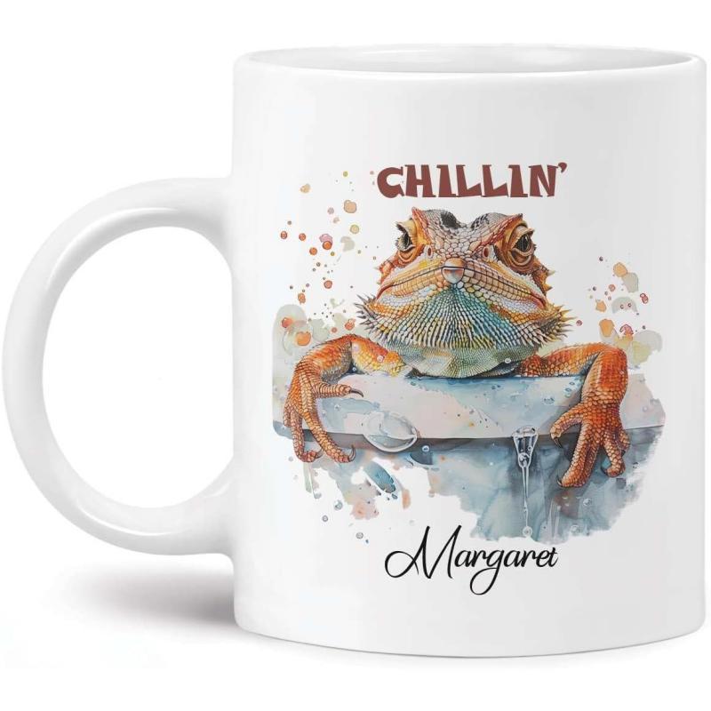 Tailorly White Ceramic 11 oz Mug - Chillin Margaret Colorful Artistic Watercolor Bearded Dragon Peeking Over A Textured Ledge Lizard