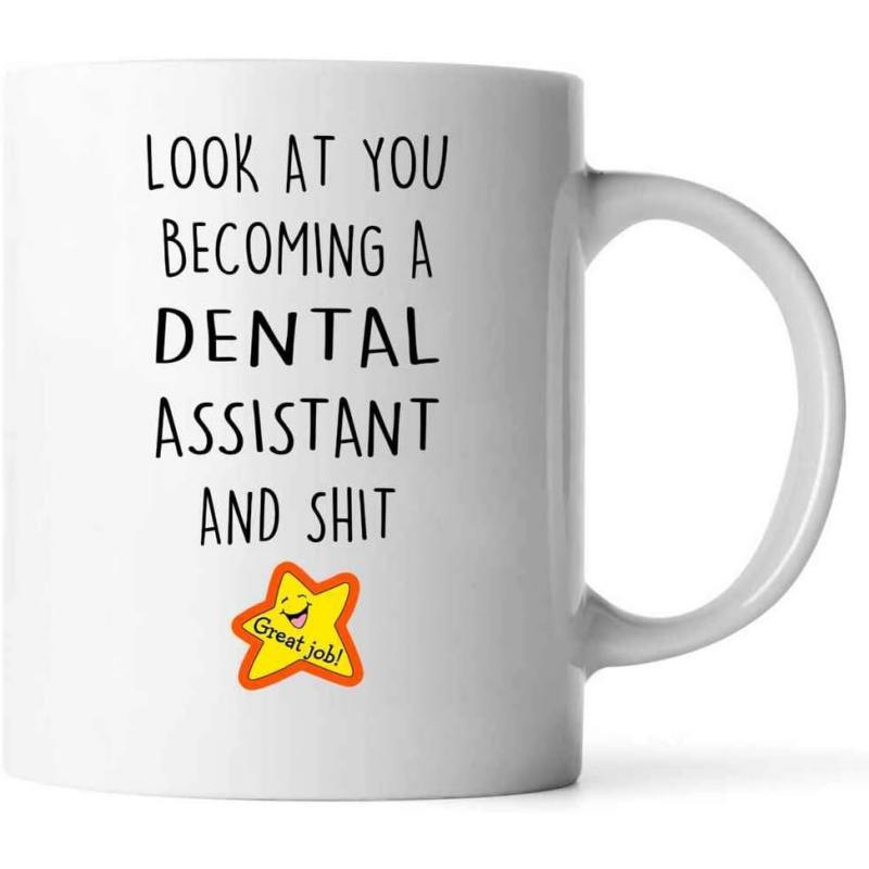 Tailorly White Ceramic 11 oz Mug - Look At You Becoming A Dental Assistant And Shit Great Job Simple Smiling Yellow Star With Orange Outline And Happy Face Mug