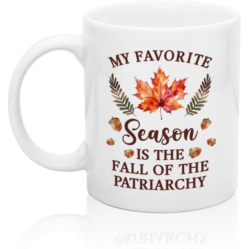 Tailorly White Ceramic 11 oz Mug - My Favorite Season Is The Fall Of The Patriarchy Vibrant Orange Watercolor Maple Leaf Surrounded By Green Ferns And Acorns Leaf