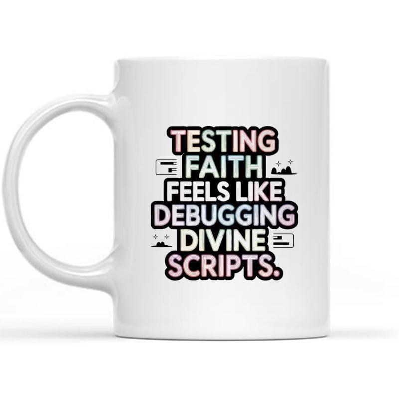 Tailorly White Ceramic 11 oz Mug - Testing Faith Feels Like Debugging Divine Scripts Funny Coding Joke Surrounded By Miniature Digital Interface Symbols Typography
