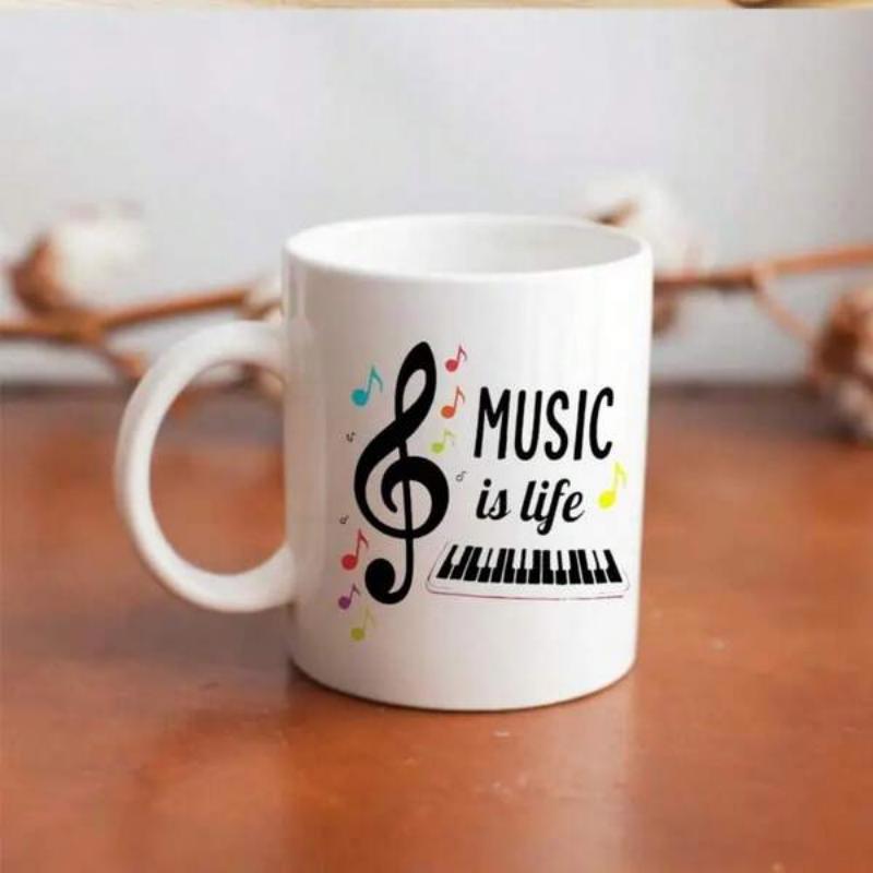 Tailorly White Ceramic 11 oz Mug - Music Is Life Artistic Treble Clef Surrounded By Colorful Hearts And Piano Keys Mug