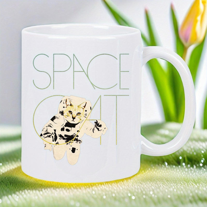 Tailorly White Ceramic 11 oz Mug - Space Cat Adorable Astronaut Feline Floating In Galaxy Costume Wearing Protective Spacesuit Cat