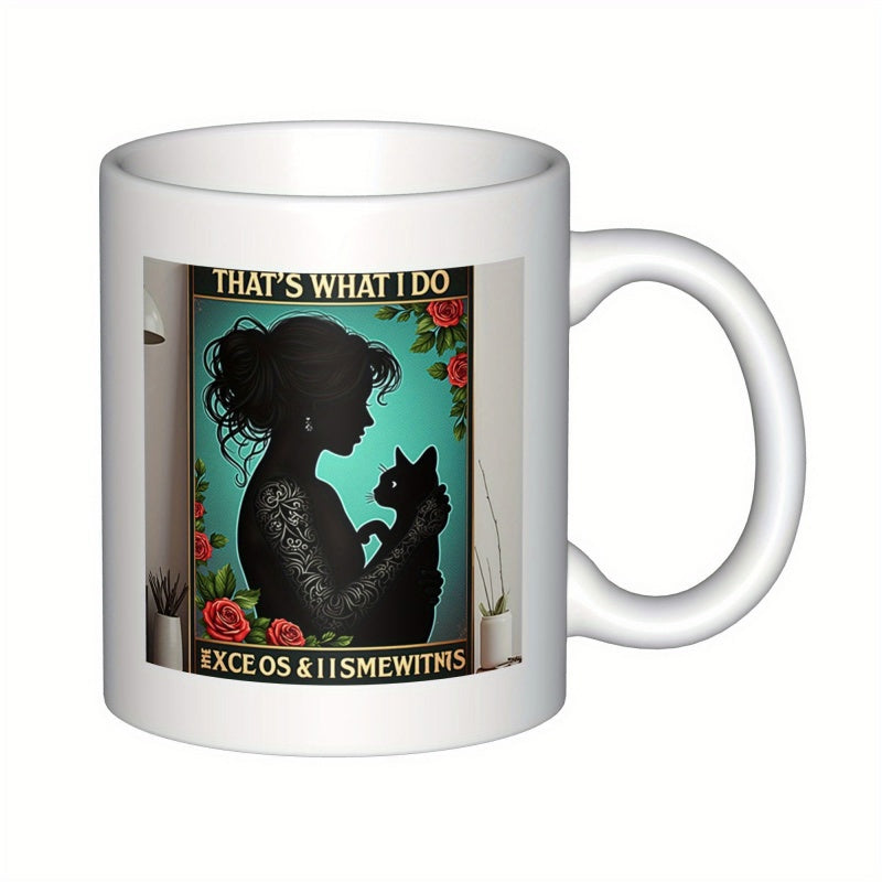 Tailorly White Ceramic 11 oz Mug - That's What I Do Elegant Silhouette Holding Cat Among Red Roses Under Vibrant Teal Background Woman