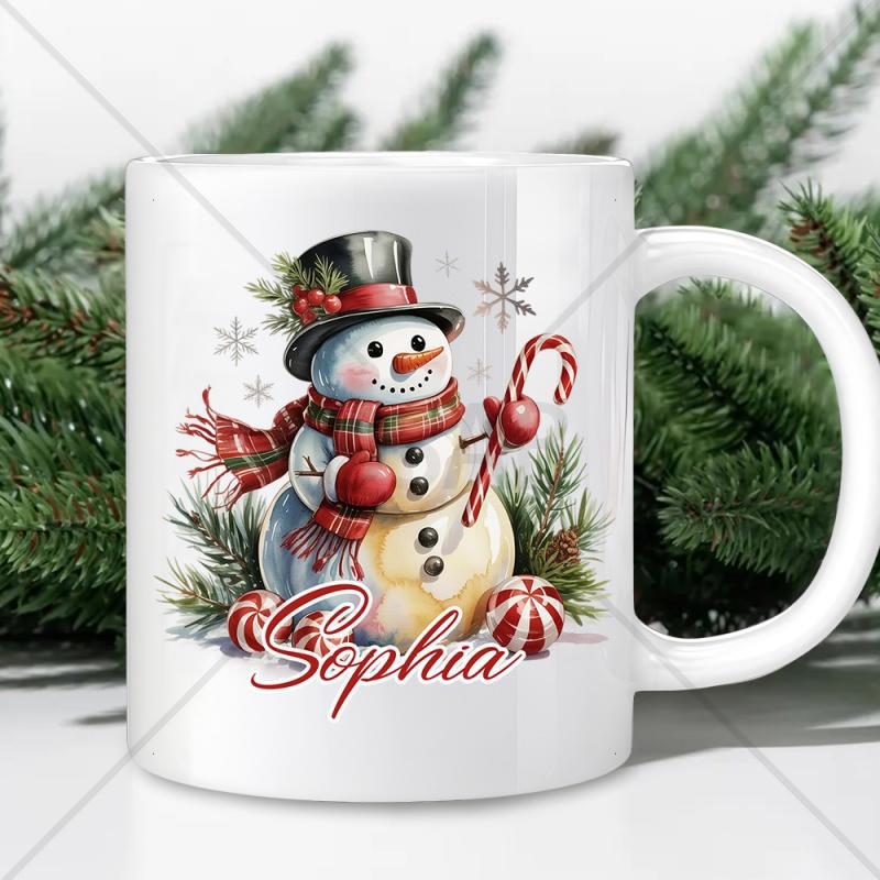 Tailorly White Ceramic 11 oz Mug - Sophia Cheerful Winter Scene With Candy Canes And Pine Needles Around Snowman