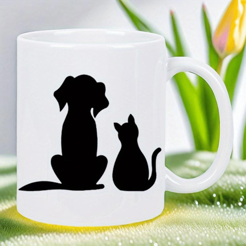 Tailorly White Ceramic 11 oz Mug - Simple Black Silhouettes Of A Faithful Dog And Patient Cat