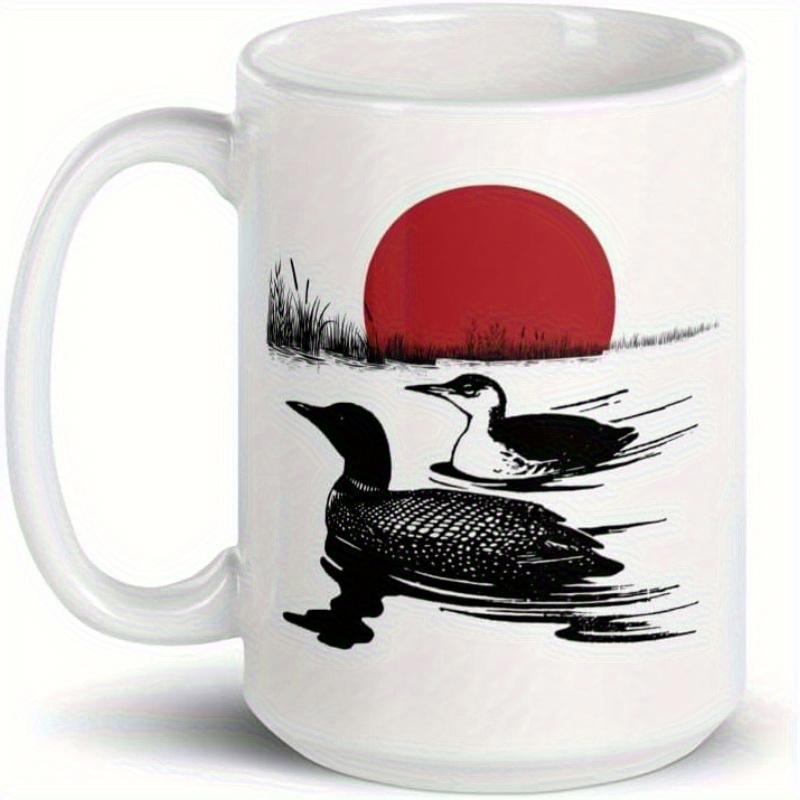 Tailorly White Ceramic 11 oz Mug - Graceful Wild Loons Swimming On Rippling Water Under A Large Red Sun Loon