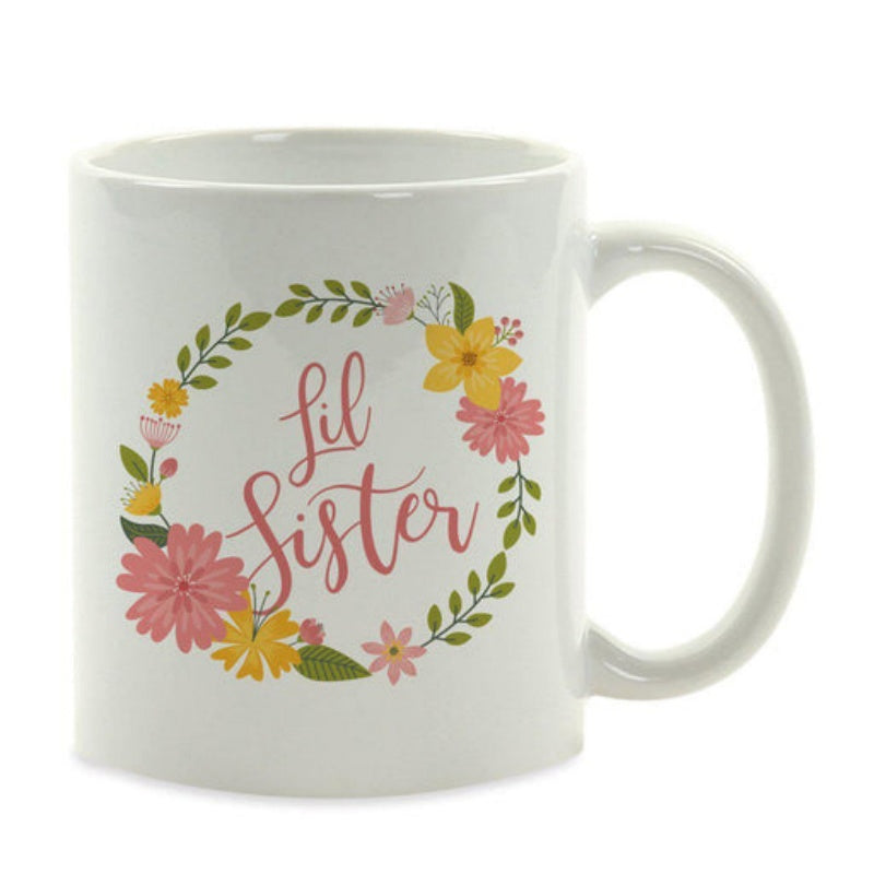 Tailorly White Ceramic 11 oz Mug - Lil Sister Colorful Spring Flowers And Green Leaves Forming A Delicate Circular Wreath Mug