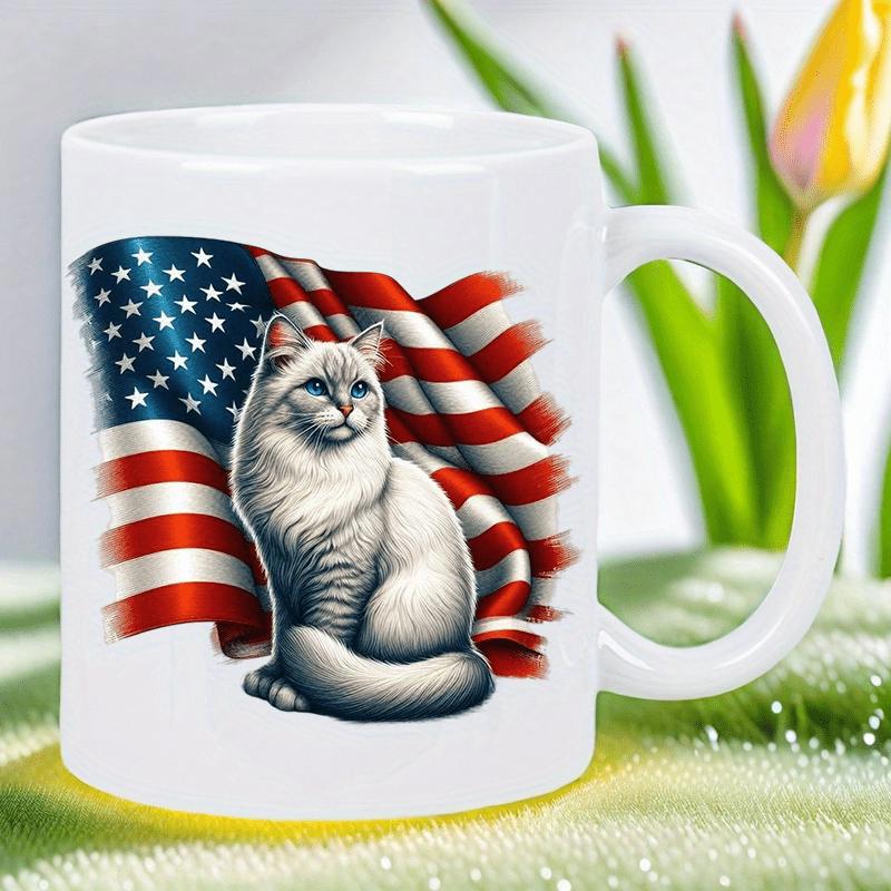 Tailorly White Ceramic 11 oz Mug - Majestic White Cat Sitting Proudly Before Waving American National Flag Cat
