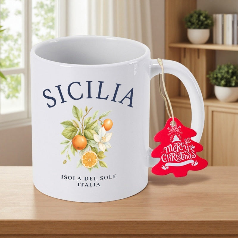 Tailorly White Ceramic 11 oz Mug - Sicilia Isola Del Sole Italia Vibrant Mediterranean Garden With Ripe Oranges And Green Leaves Citrus