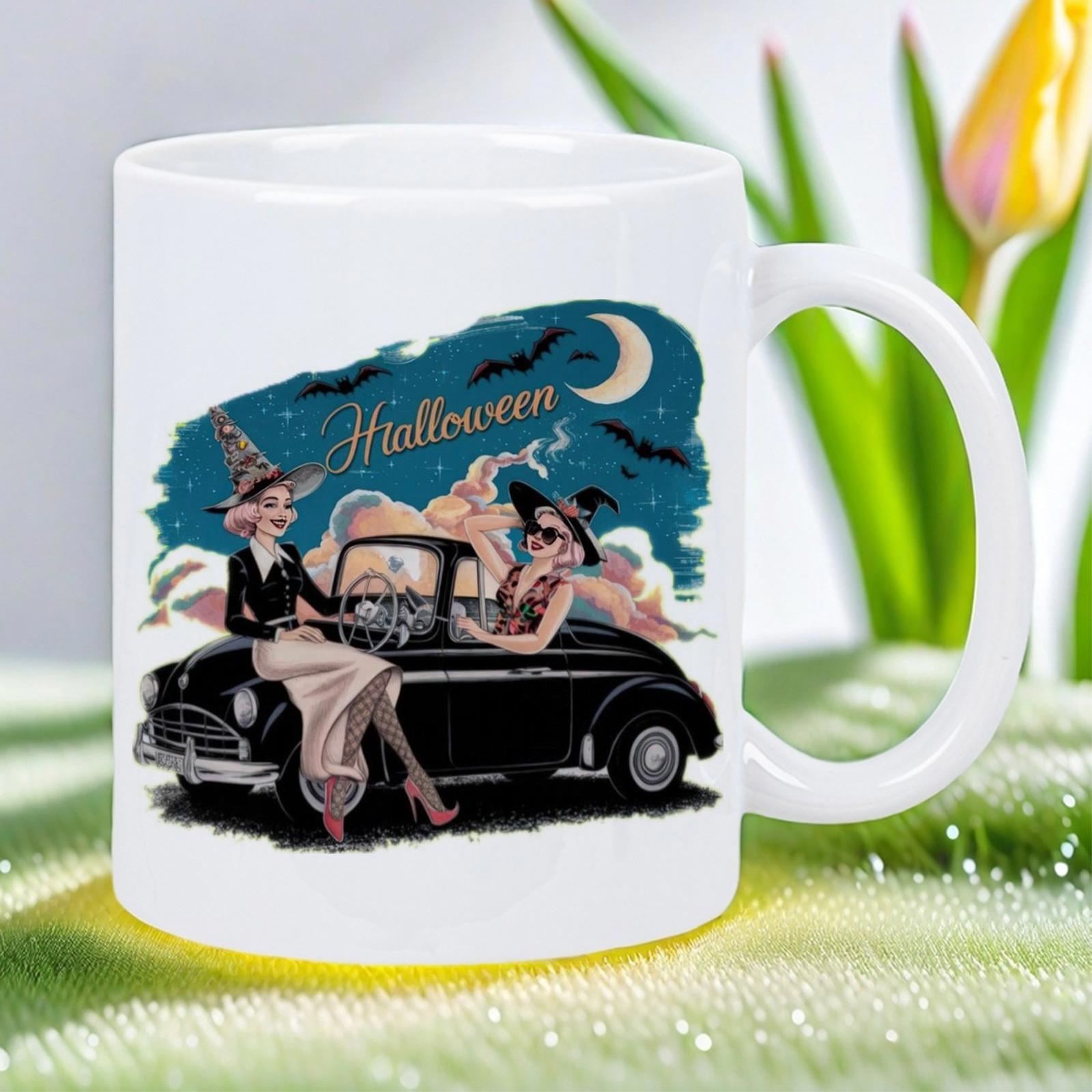 Tailorly White Ceramic 11 oz Mug - Halloween Vintage Witches Driving Retro Black Car Under Night Sky Moon Car