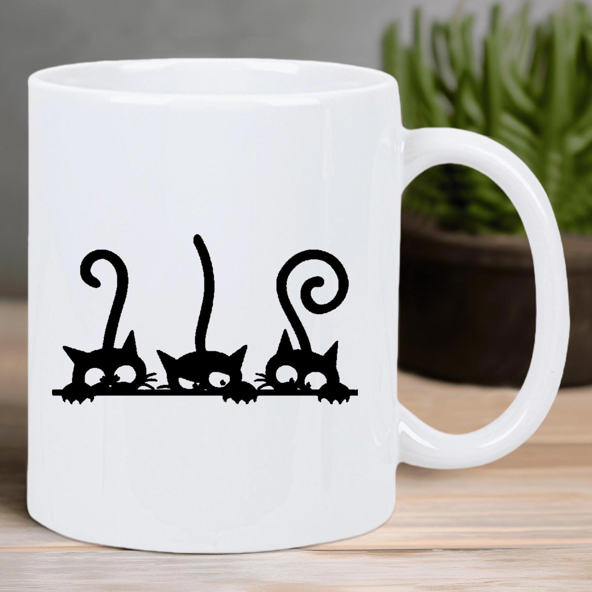 Tailorly White Ceramic 11 oz Mug - Playful Black Peeking Silhouettes With Long Curly Tails And Large Eyes Cat