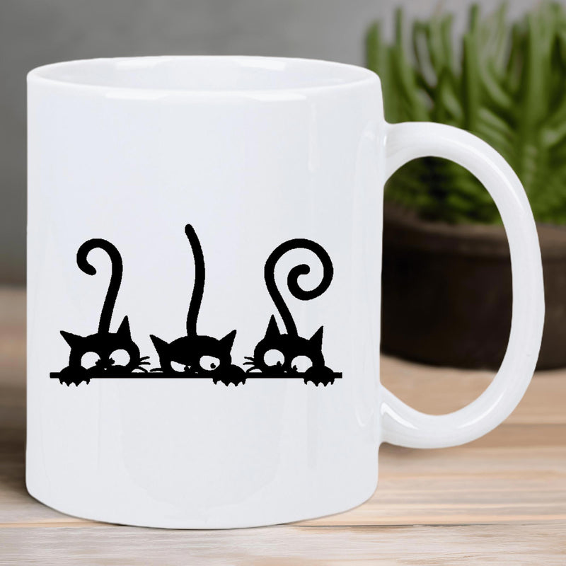 Tailorly White Ceramic 11 oz Mug - Playful Black Peeking Silhouettes With Long Curly Tails And Large Eyes Cat